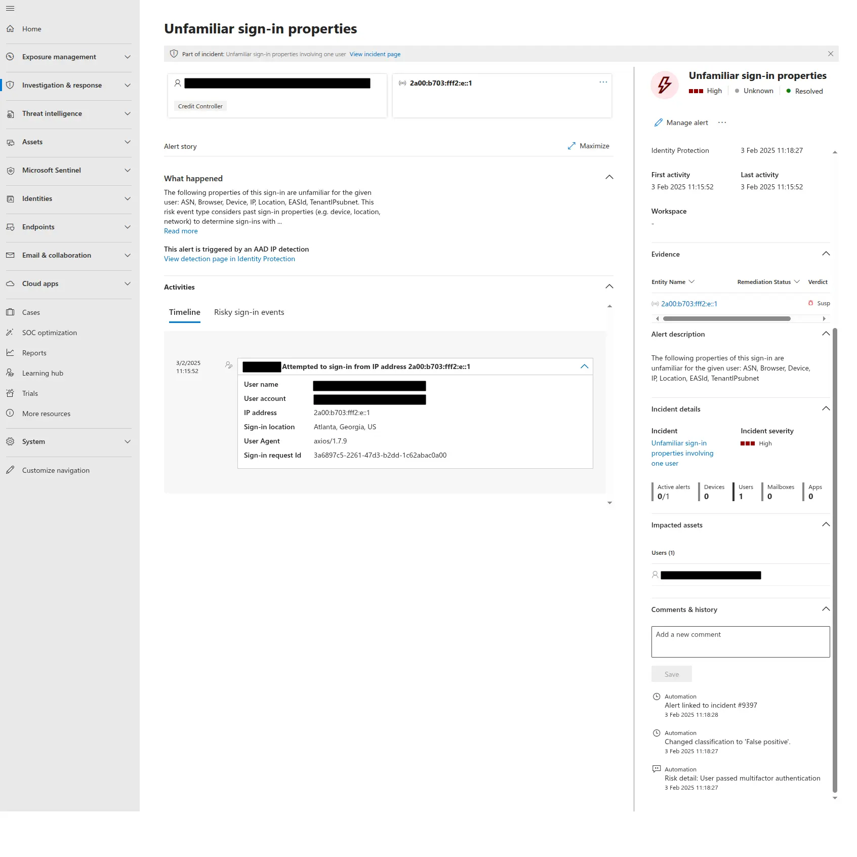 unfamiliar sign-in properties in Azure