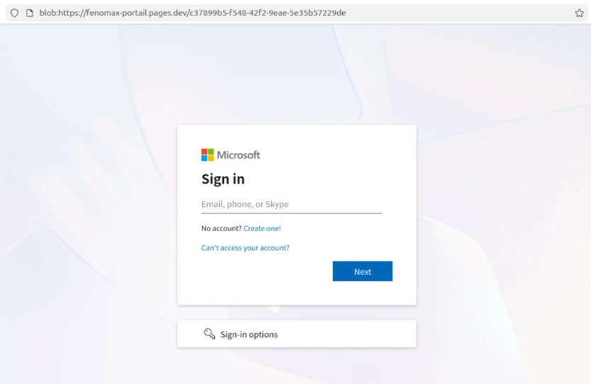 Microsoft login page rendered from blob content