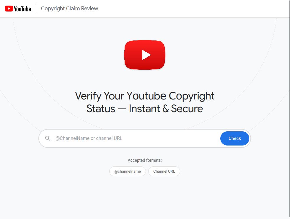 Initial landing page showing a large youtube logo and an input box for victims to check their channel