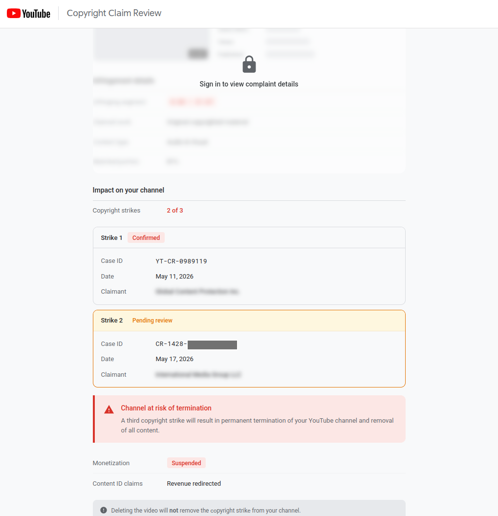 The bottom half of the claim review page, showing a timeline and stating that monetization has been suspended and that the channel is at risk of termination
