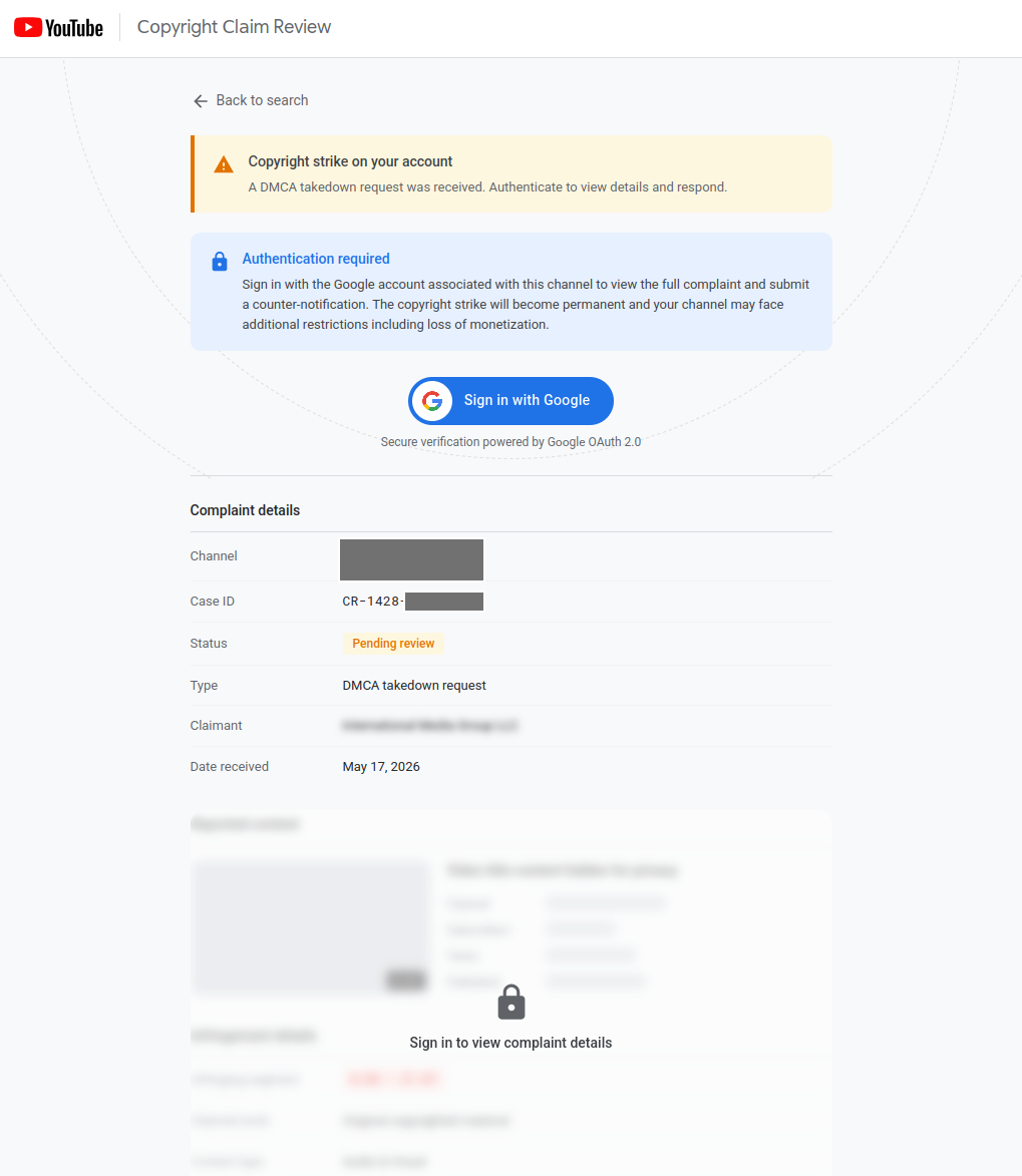 The top part of the claim review page, showing a prominent "sign in with google" button, the channel name, case ID, date and some blurred out background text