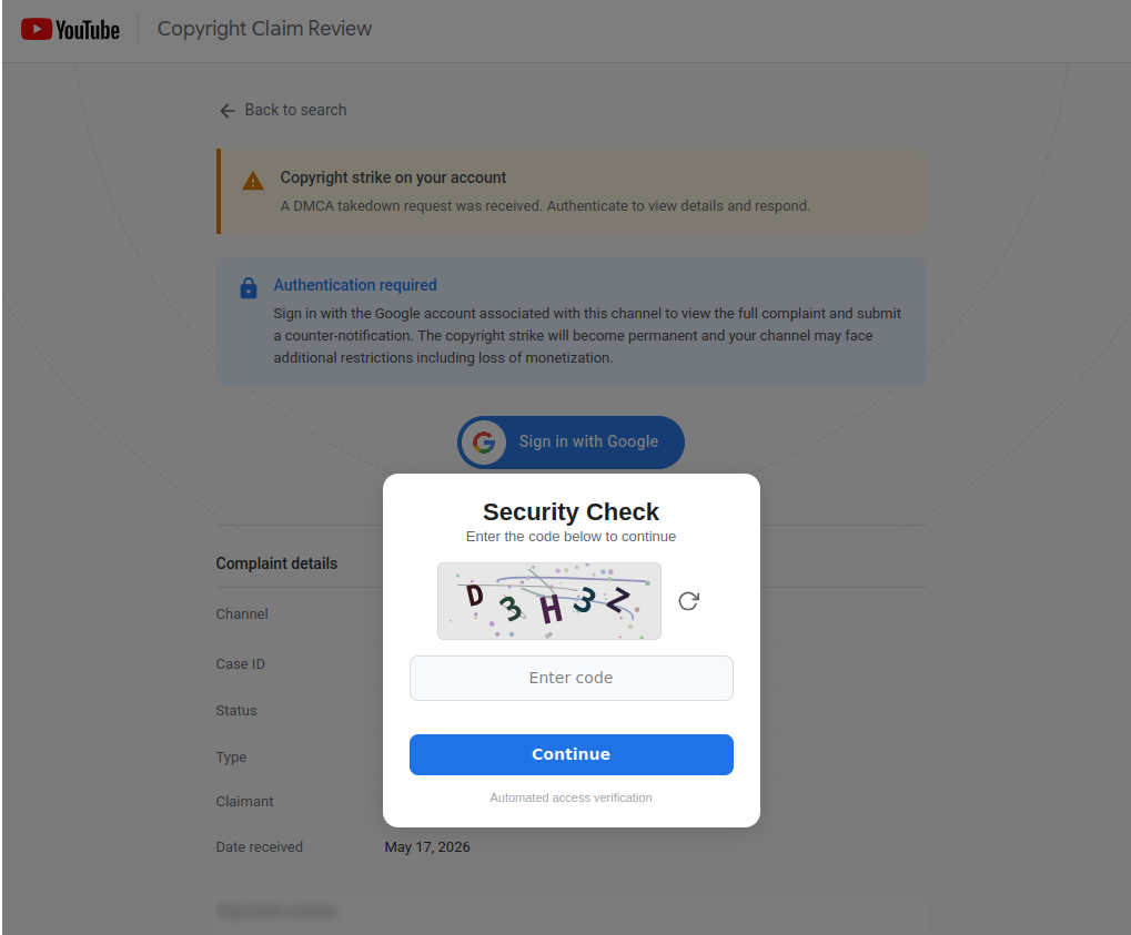 The CAPTCHA displayed prior to credentials being entered, requests the user enter 6 characters in the box displayed
