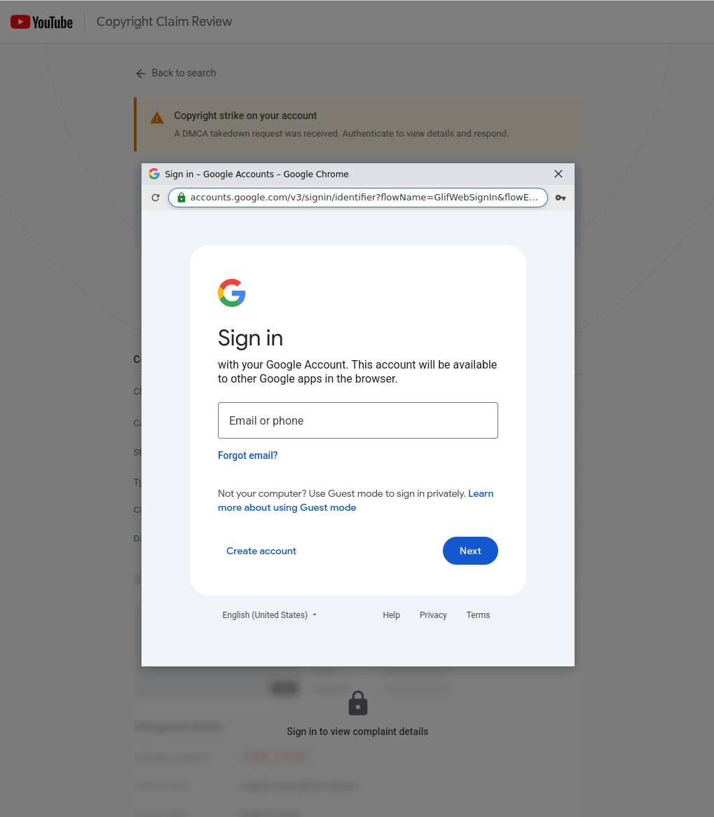 The claim review page, with a convincing looking google login form displayed, showing a convincing looking address bar with a valid accounts.google.com sign-in ur