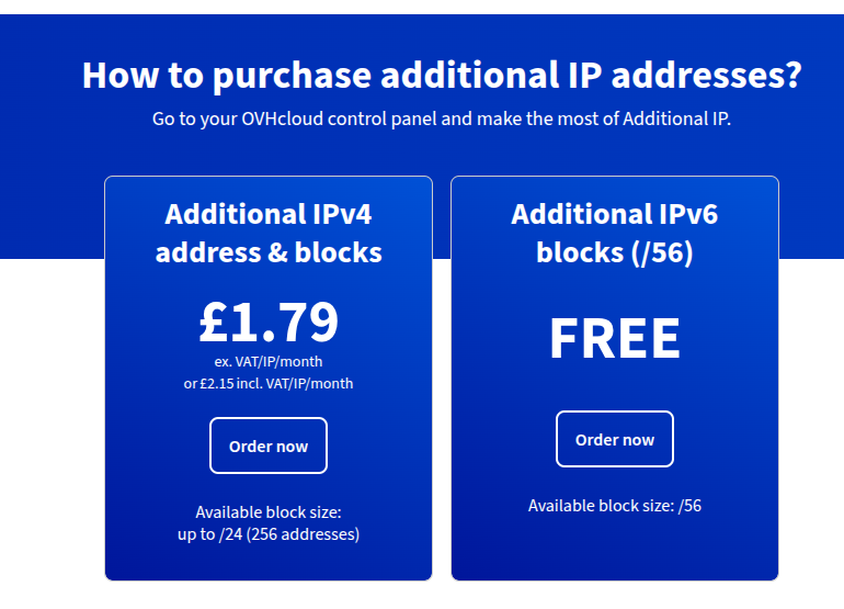 Image showing that OVH IPv4 addresses cost £1.79/month, but /56's of IPv6 are FREE
