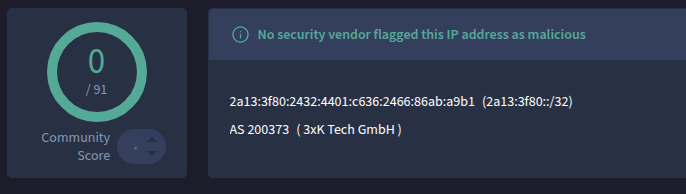 Image showing a known malicious IPv6 address as clean on VirusTotal