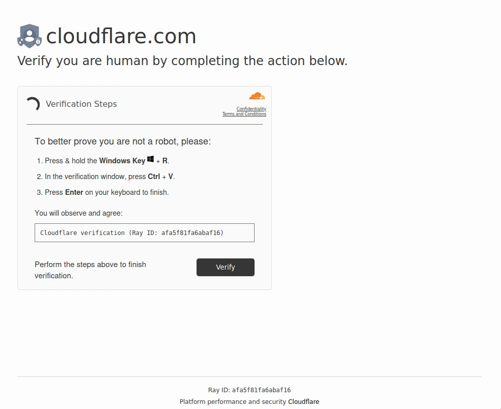 Clickfix page showing a fake Cloudflare CAPTCHA and asking the user to run commands and hit verify.