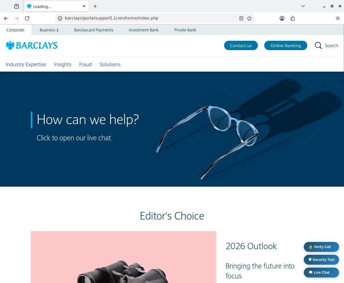 Screenshot of a cloned Barclays website used to target users
